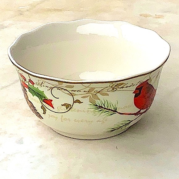 222 FIFTH HOLIDAY WISHES BOWL SOUP CEREAL 5 3/4TH INCH NEW RED CARDINAL PINE NEW - Picture 4 of 7